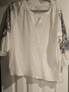 Pure Jill White Embroidered-Sleeve Tunic Top